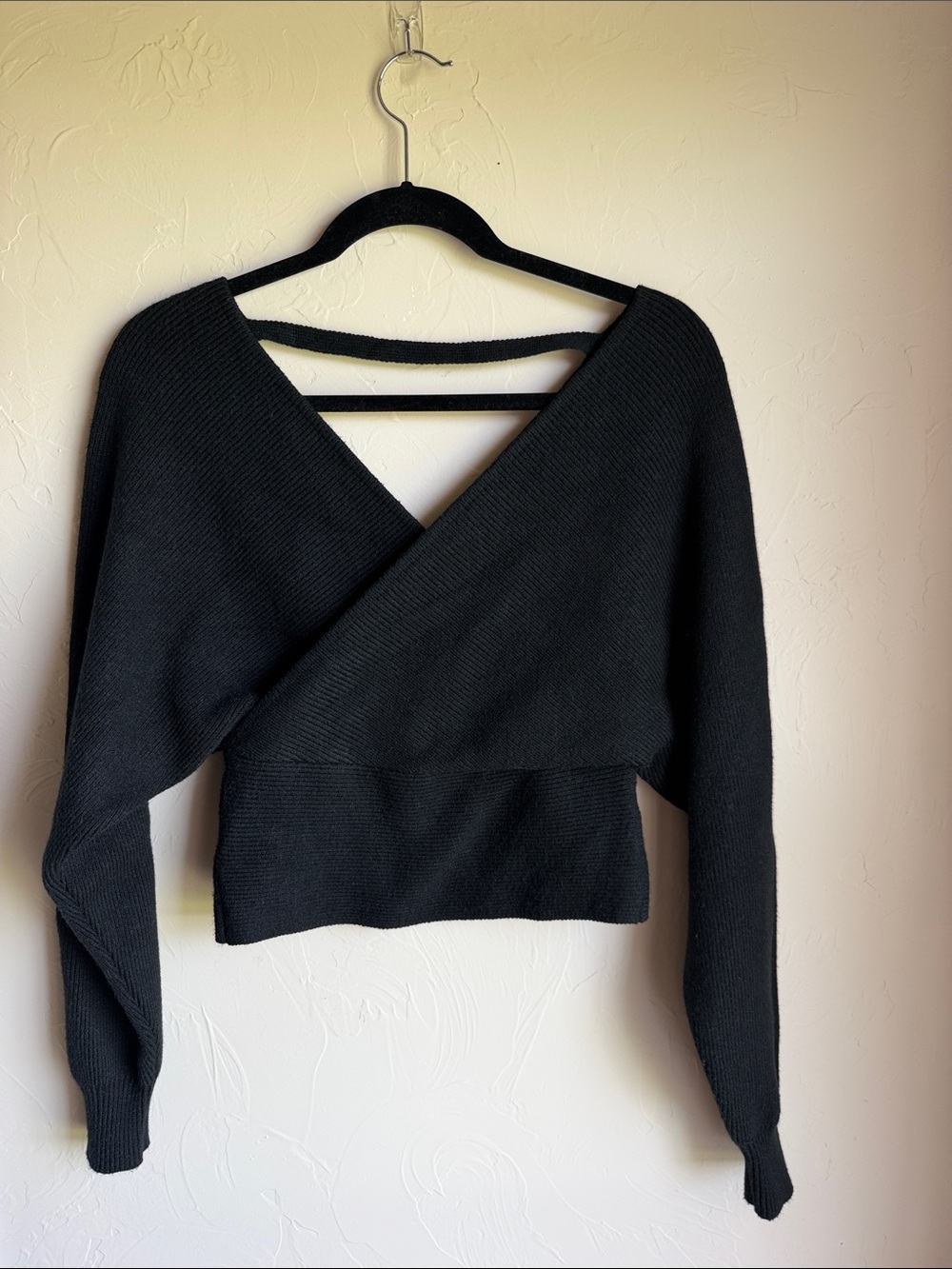 Olivaceous Black Wrap V-Neck Sweater with Back Strap Detail